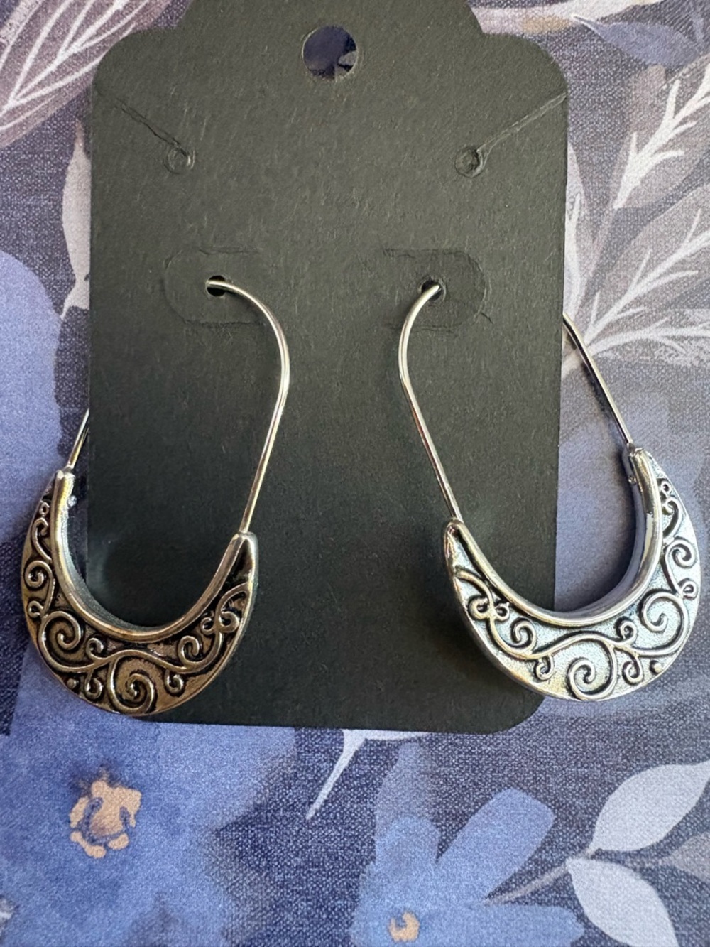 Intricate Silver-Tone Crescent Hoop Earrings - Women Jewelry